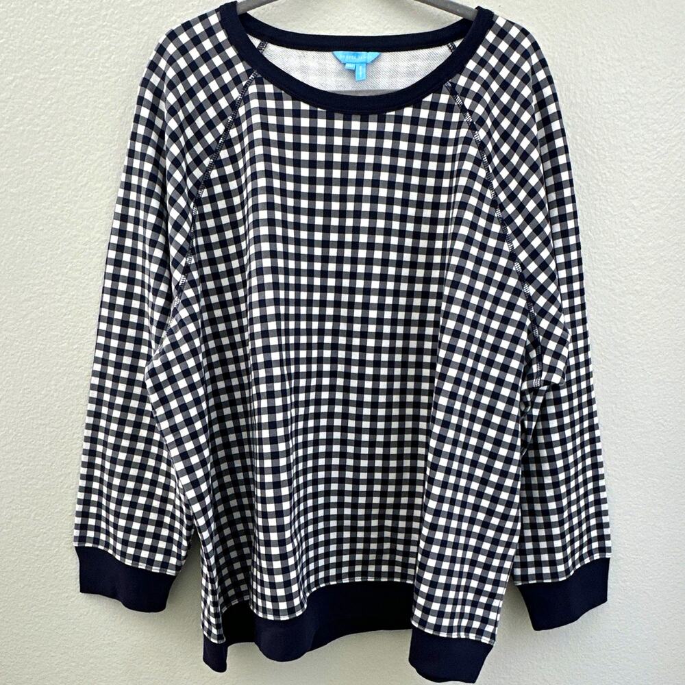 Women’s Draper James Navy White Gingham Crewneck Pullover Sweater Cotton 3X